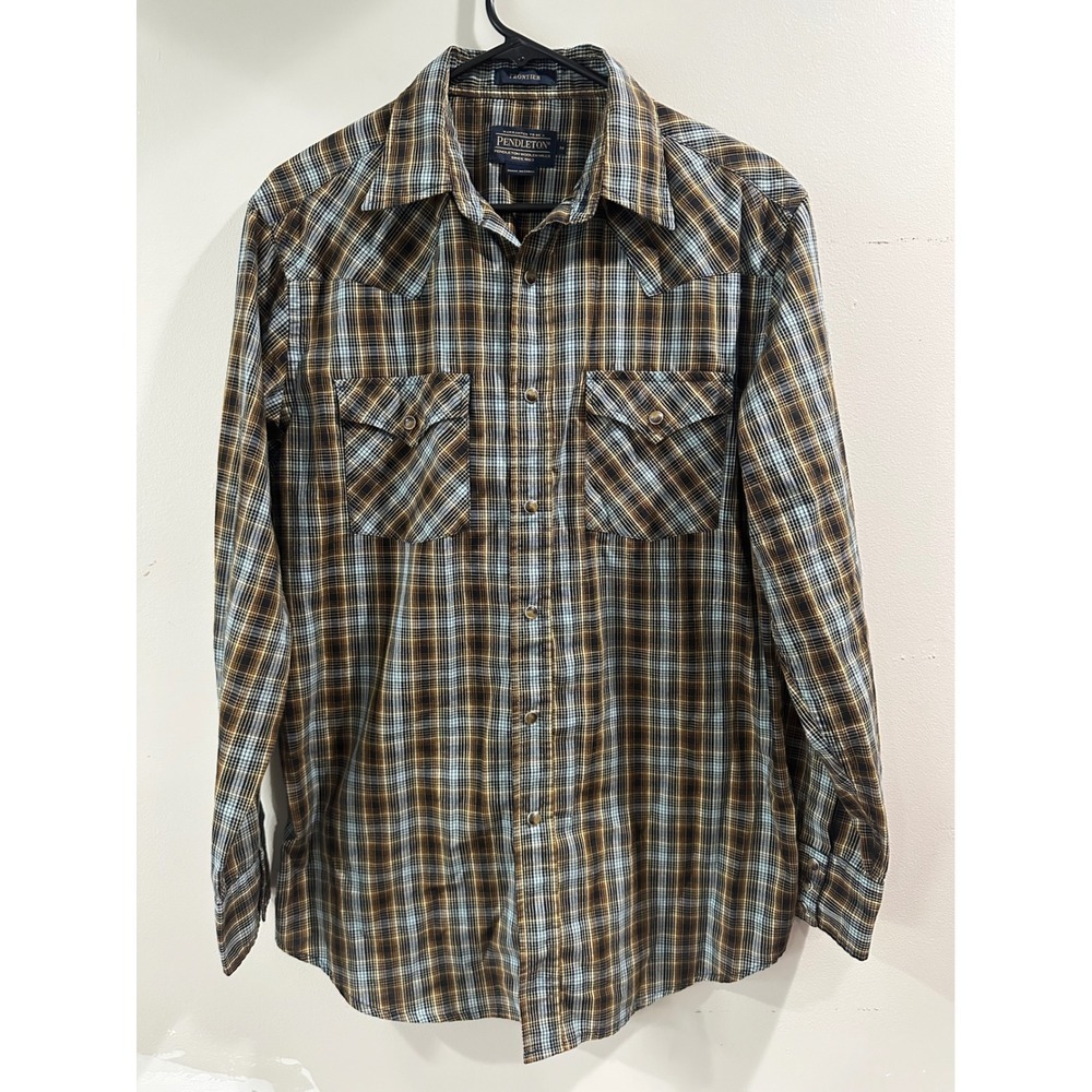 Pendleton Frontier Mens Plaid Western Snap Shirt Brown Blue Long Sleeve Medium